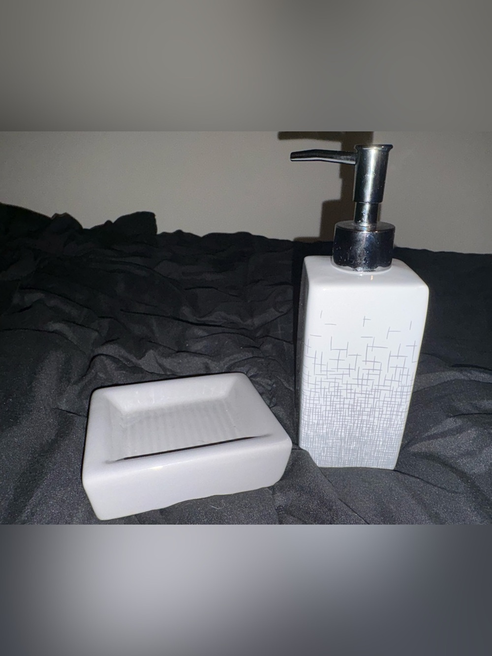 White Ceramic Soap Dispenser and Matching Soap Dish Set